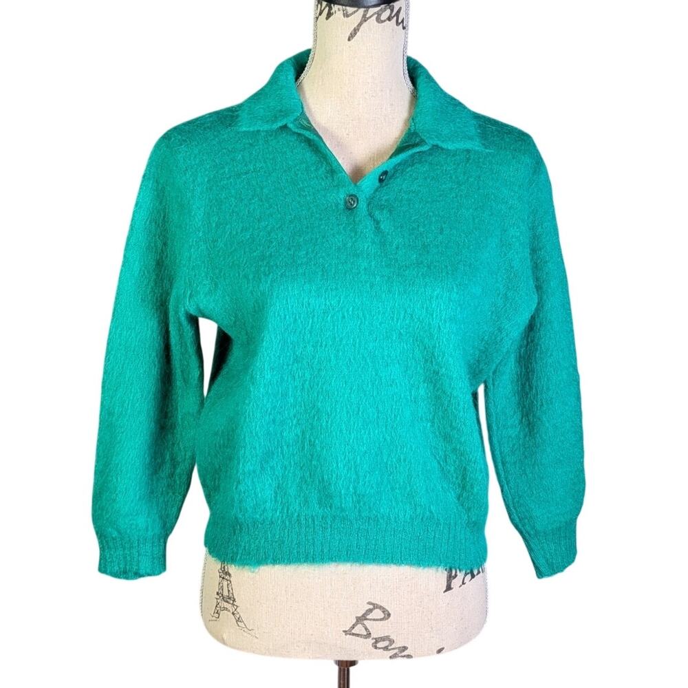 Vintage 50s 60s Shaggy Wool Sweater Teal Green Collared Pullover Bobbie Brooks
